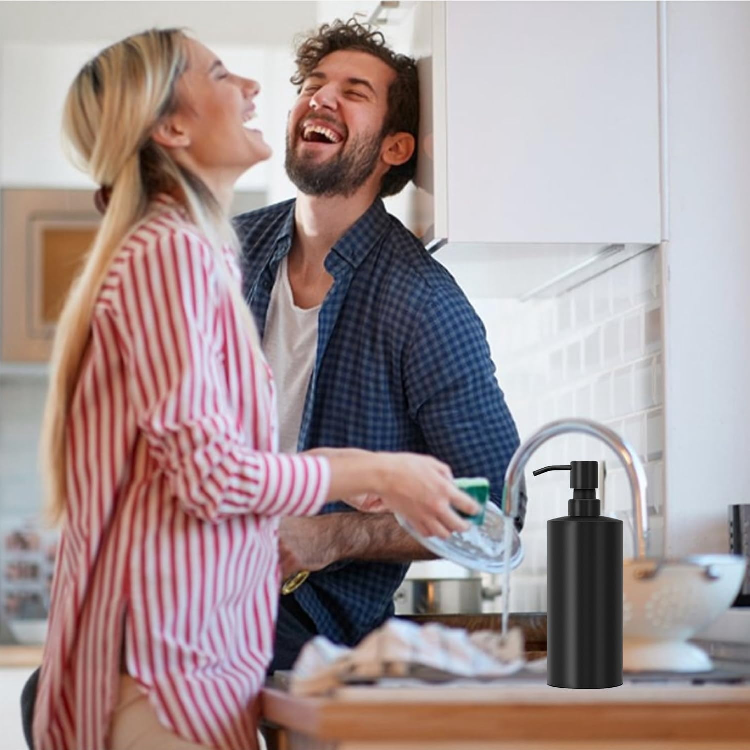 Matte Black Soap Dispenser Stainless Steel 11.8 OZ - Liquid Hand Lotion Dispenser Decor Refillable Dishwashing Soap Dispenser for Kitchen Bathroom Countertops