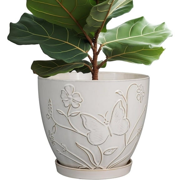10 Inch Plant Pot Ceramic Planter Pot with Drainage Hole and Saucer Round Planter Large Flower Pot for Indoor Outdoor Plants Home Garden Decor White