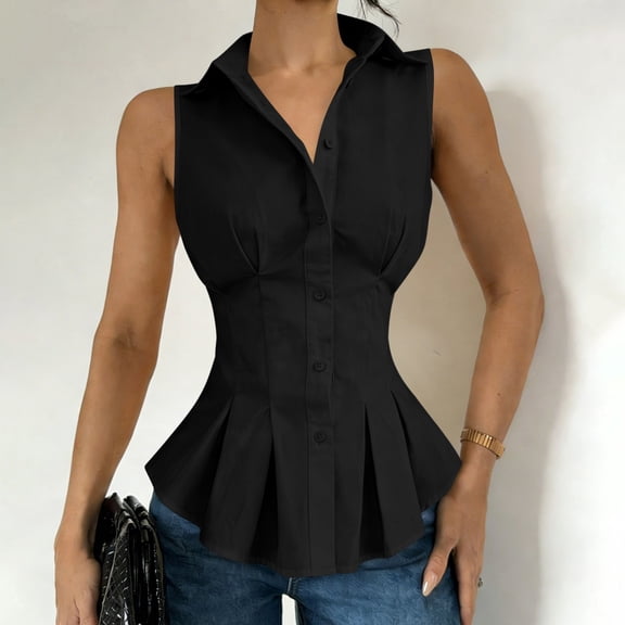 Uaswgudfs Womens Tank Tops Collared Sleeveless Peplum Tops, Button Down Fitted Waist Blouses Solid Pleated Hem Shirts