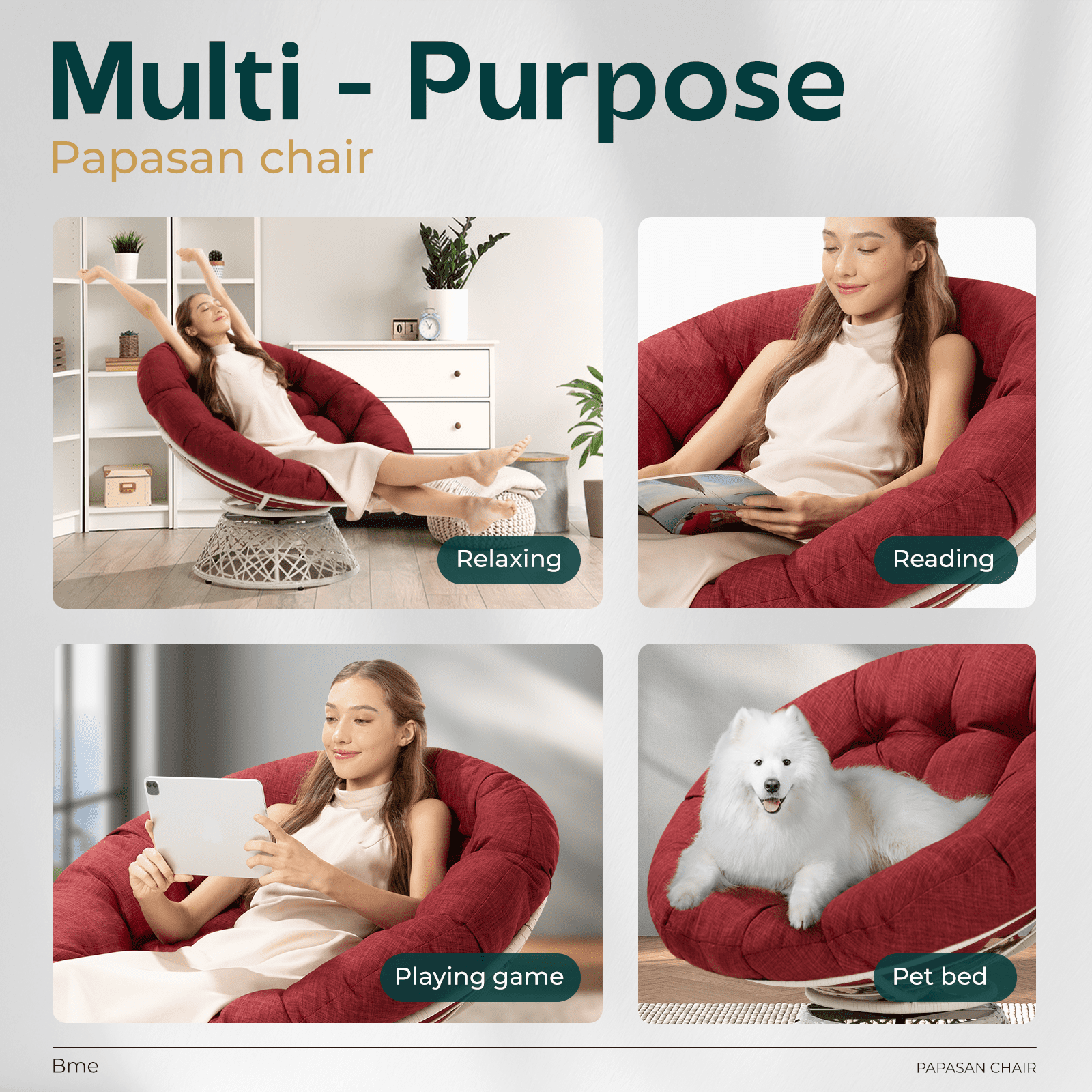 AILE 360 Swivel Ergonomic Papasan Chair with Comfy Cushion and Sturdy Metal Frame for Living, Bedroom, Reading Room, Lounge (Cherry Sangria - White Frame)