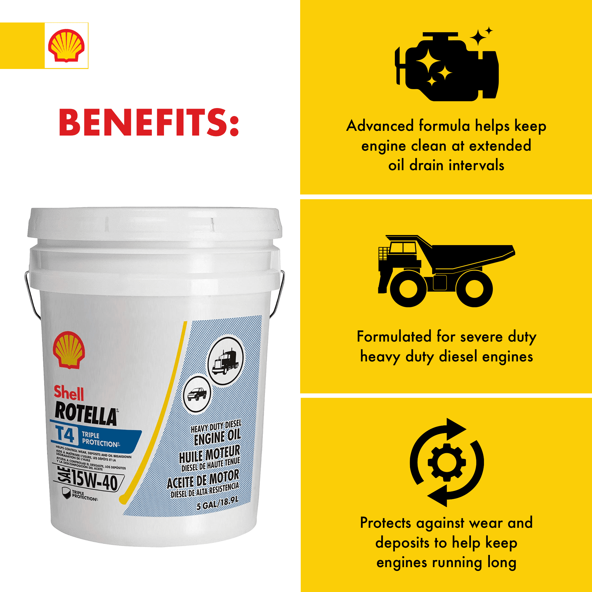 Shell Rotella T4 Triple Protection 15W-40 Diesel Motor Oil, 5 Gallon Pail - 1