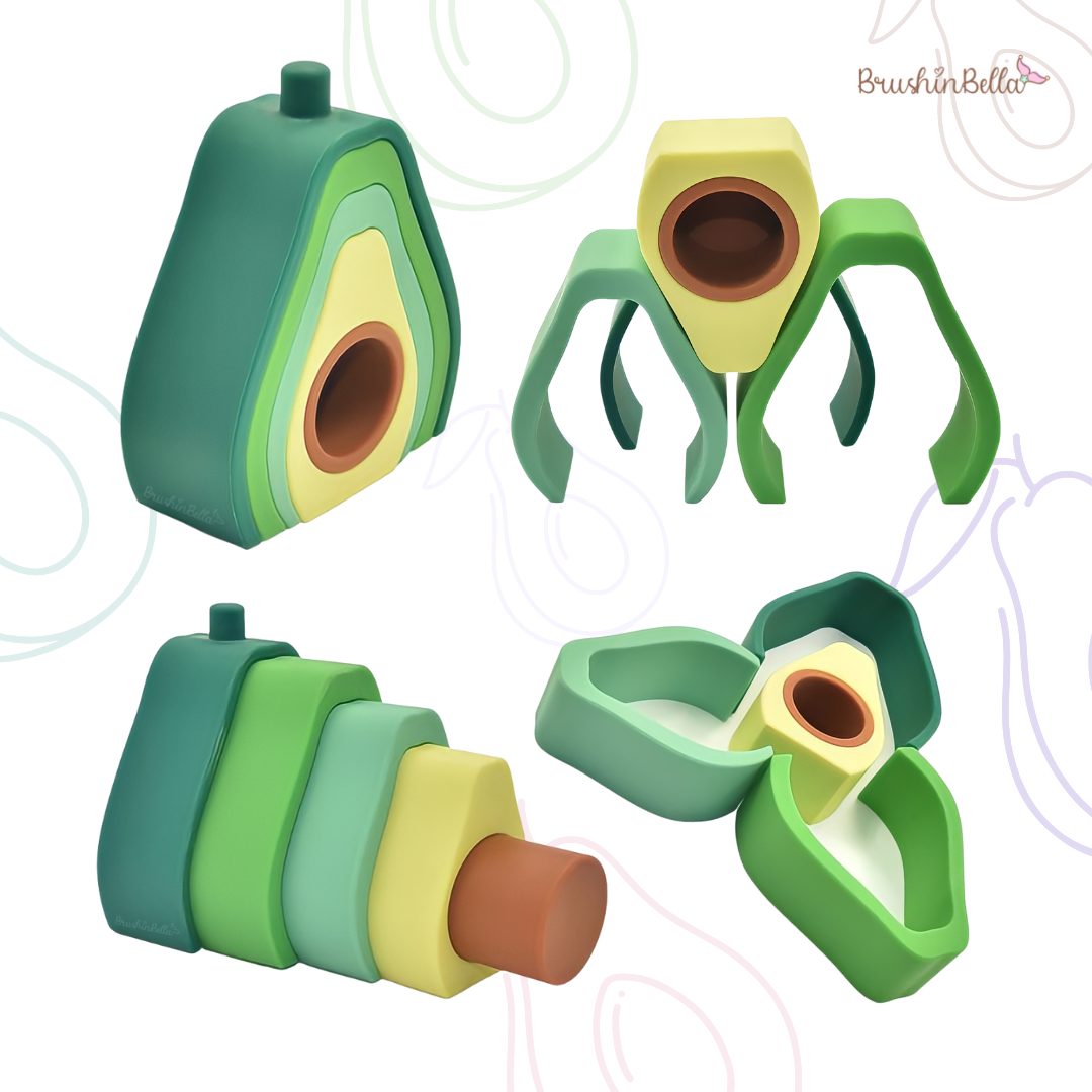 Avocado Stacker 6PC Toddler Toys, Baby Stacking Toys, Montessori Toys, Silicone Nesting Puzzle Blocks for Early Childhood Education, Army Green Series (Avocado/Pear), 6PCs