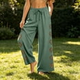 thumbnail image 4 of FchengtaiS Womens Summer Boho Pants Cotton Linen Floral Cutout Wide Leg Pants Elastic Waist Casual Palazzo Trousers with Pockets, 4 of 7