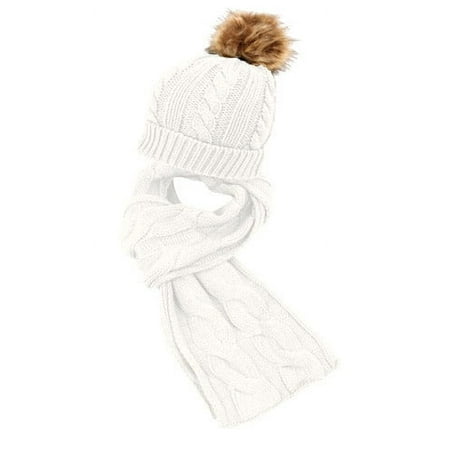 Women Cable Knit Beanie Winter Pompom Hat Scarf 2 Pcs Set