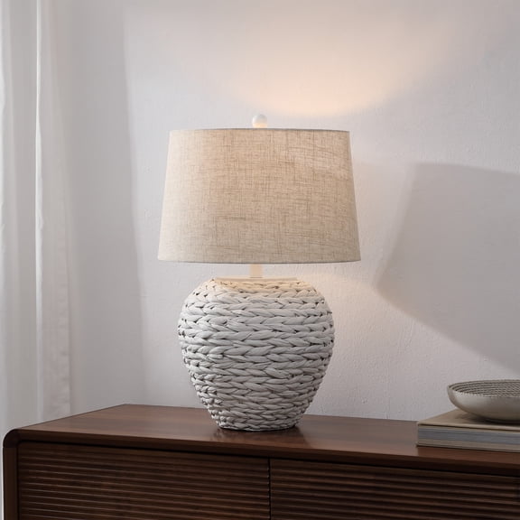 JONATHAN Y Alaro 24.5" Farmhouse Coastal Water Hyacinth Basket LED Table Lamp, White