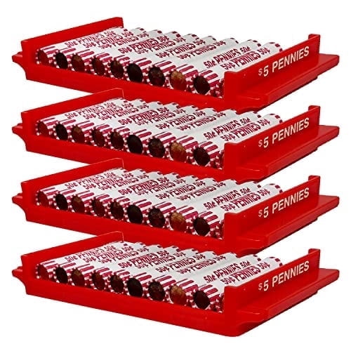 Nadex Heavy Duty Penny Coin Trays with Wrappers, Holds $5, Stackable Organizer, 4 Pack