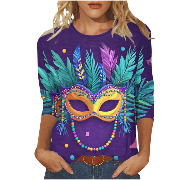 Tmtolofot Mardi Gras Shirts for Women Mask Feather Printed Tshirts Loose 3/4 Sleeve Pullover Blouses Carnival Outfits 2025 Tunic Shirt,#1_Purple,3X-Large
