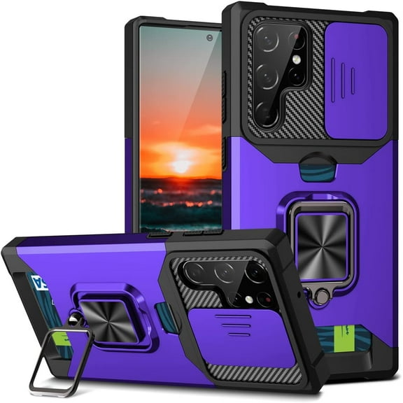 for Samsung Galaxy S22 Ultra (Not S22) Sliding Window Case with Card Holders, Cover with Slide Camera Protection Built-in Magnetic Kickstand Case for Samsung Galaxy S22 Ultra TC Purple