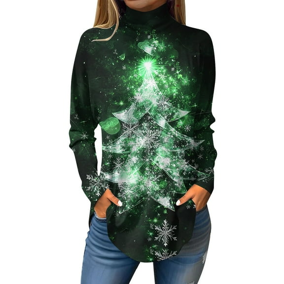 TQWQT Plus Size Turtle Necks Tops for Women Loose Fit Xmas Tree Snowflake Print Tunic Top Mockneck Long Sleeve T-Shirt Curved Hem Graphic Tee Fall Outfits 2024 Army Green S