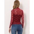 thumbnail image 4 of Allegra K Blusa de encaje floral transparente con cuello simulado de manga larga para mujer borgo?a M, 4 of 6