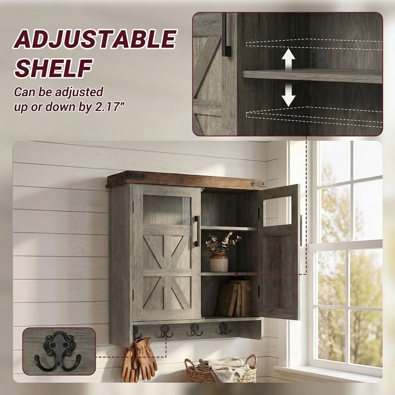 MAYEERTY 24" Bathroom Wall Cabinet, Farmhouse Over Toilet Storage Cabinet with Adjustable Shelves and Hooks, for Small Bathroom, Kitchen, Laundry