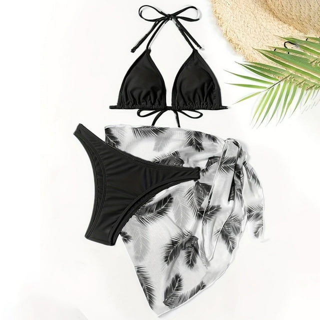 MKLEKYY Swimsuit Women's 3 Piece Textured High Cut Triangle Bikini Swimsuit with Cover Up