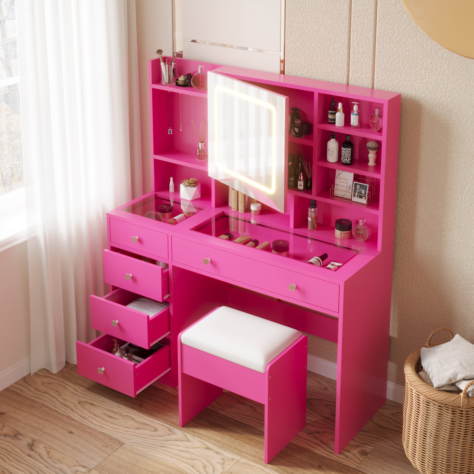 Ktaxon Large 47.2" Makeup Vanity with 3 Color Lights, Dressing Table with USB Charging Station, Pink
