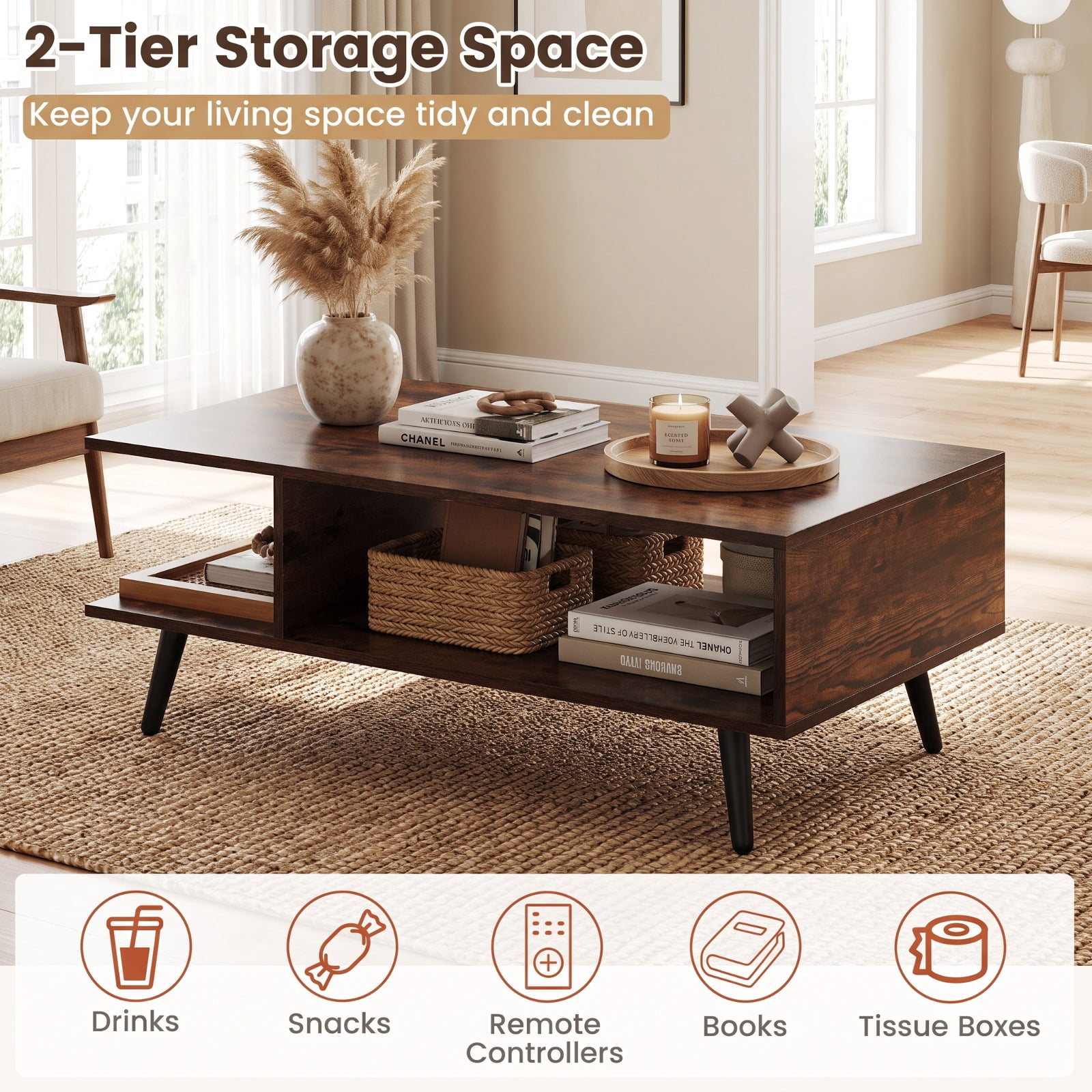 Furnibear Mid Century Modern 2-Tier Rectangle Coffee Table with Two Open Compartments and Tapered Metal Legs for Living Room, Rustic Brown