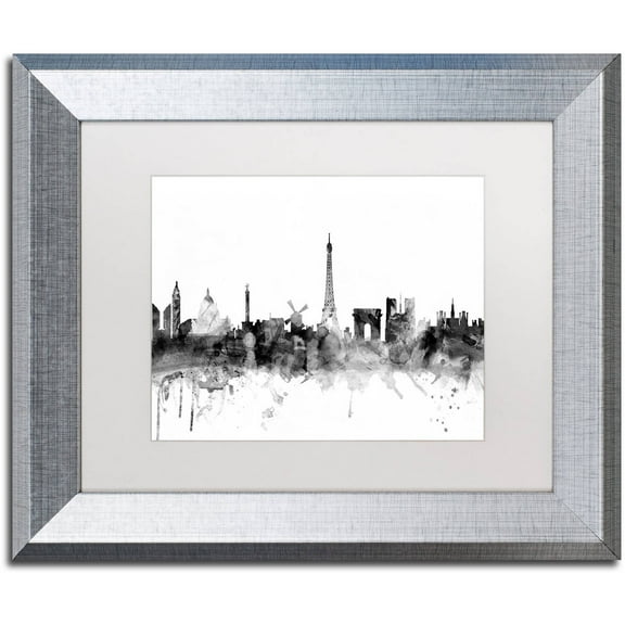 Trademark Fine Art "Paris France Skyline B&W" Canvas Art by Michael Tompsett, White Matte, Silver Frame