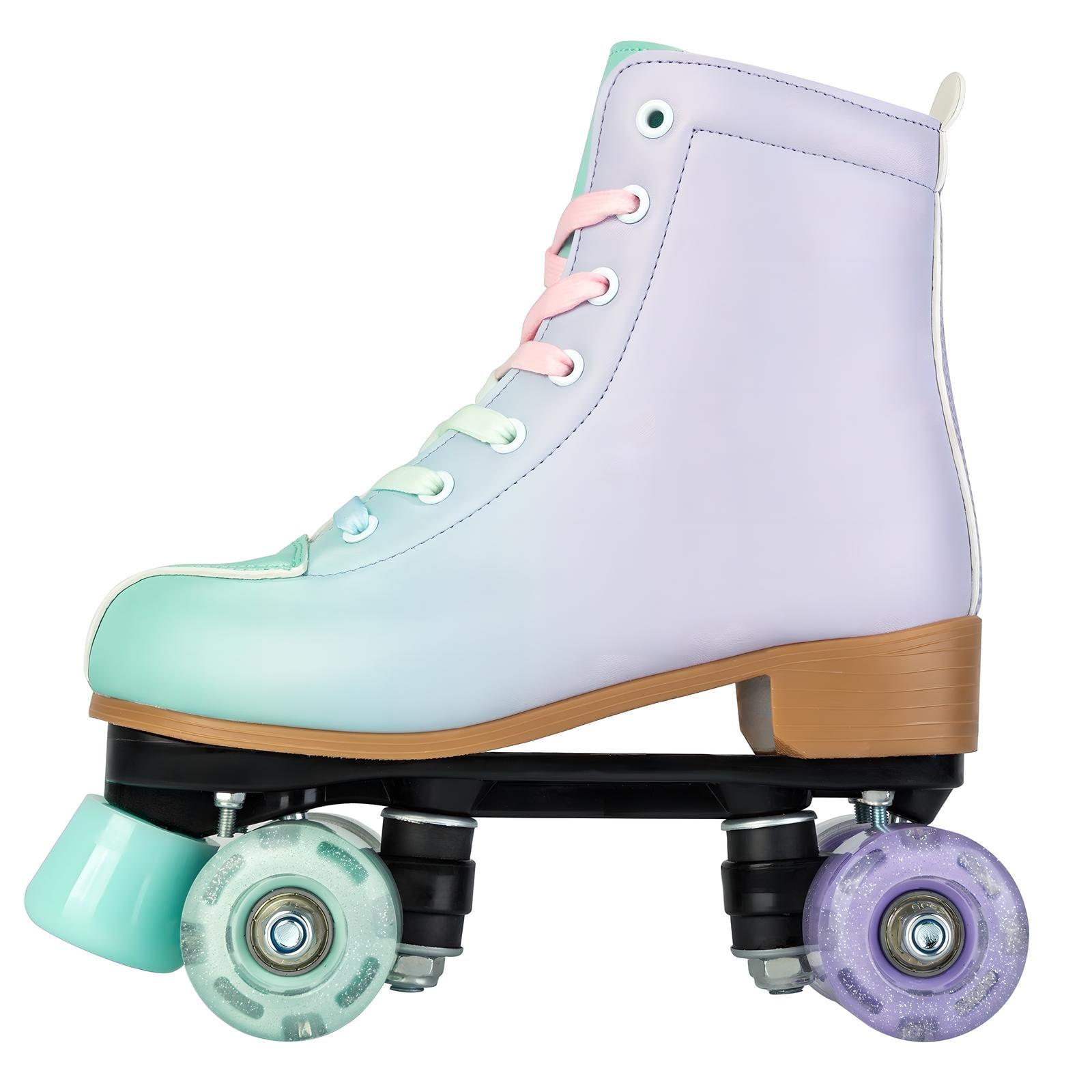 SLLINGLUO Roller Skates for Women, Grils High-Top Roller Skates Double Row Leather Shiny Quad Skates, Purple & Green, Size 6.5