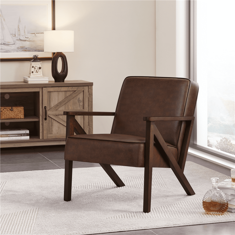 Renwick Faux Leather Armchair for Living Room, Dark Brown