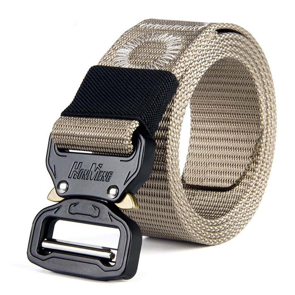 51 Inch Adjustable Military Nylon Belts with Heavy Duty Metal Buckle Dark Khaki Camouflage Mens Tactical Belt 