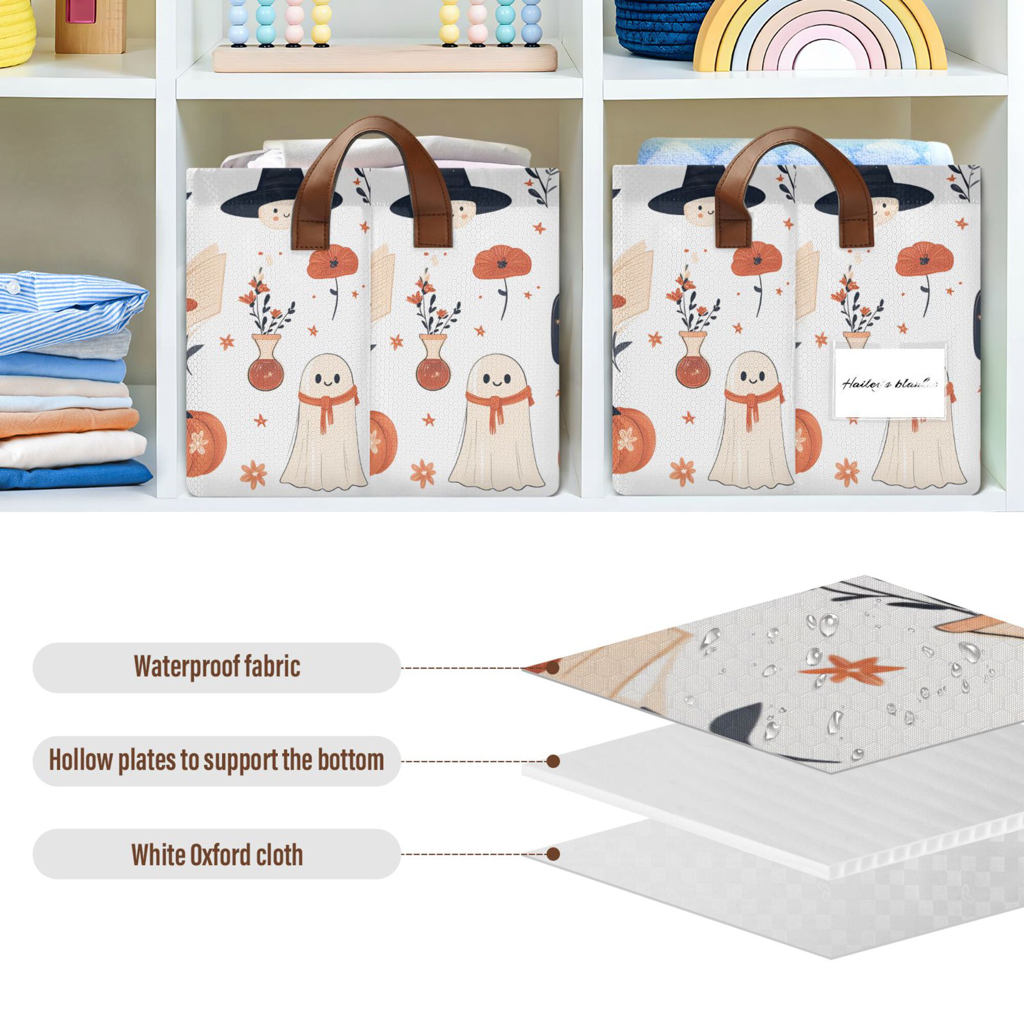 Yayeee Foldable Storage Basket for Shelves with Handles Waterproof Cloth Bins, White Cartoon Halloween Ghosts