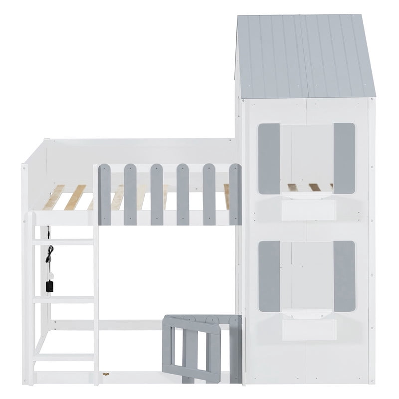 Twin over Twin House-Shaped Bunk Bed with Roof and Window, Kids/Teens Playful Designed Bed Frame with Fence and LED Light