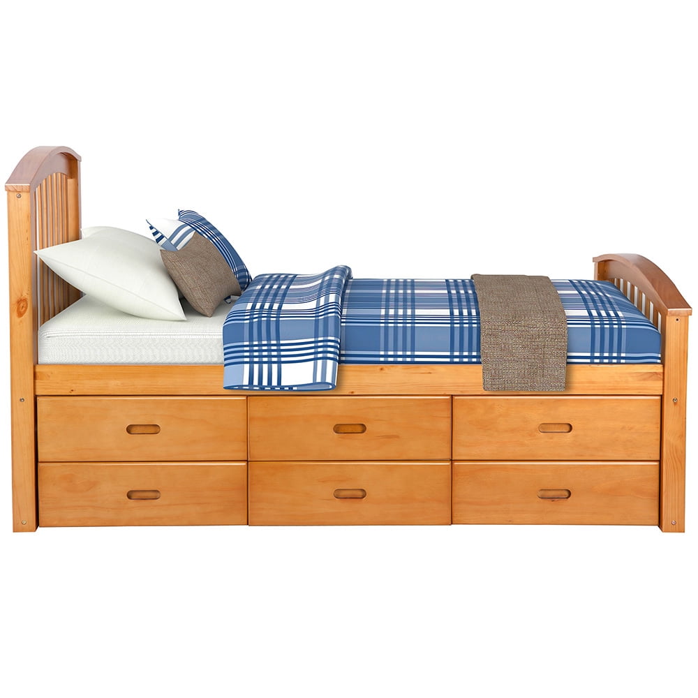 Private Jungle Solid Wood Twin Size Bed with Storage, Platform Bed with 6 Drawers-Oak