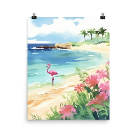 Flamingo Beach Print, Aruba Tropical Wall Art, Caribbean Coastal Poster, Romantic Paradise Decor, Exotic Seascape Travel Artwork Home Decor #4171, Unframed Poster Size 8x12