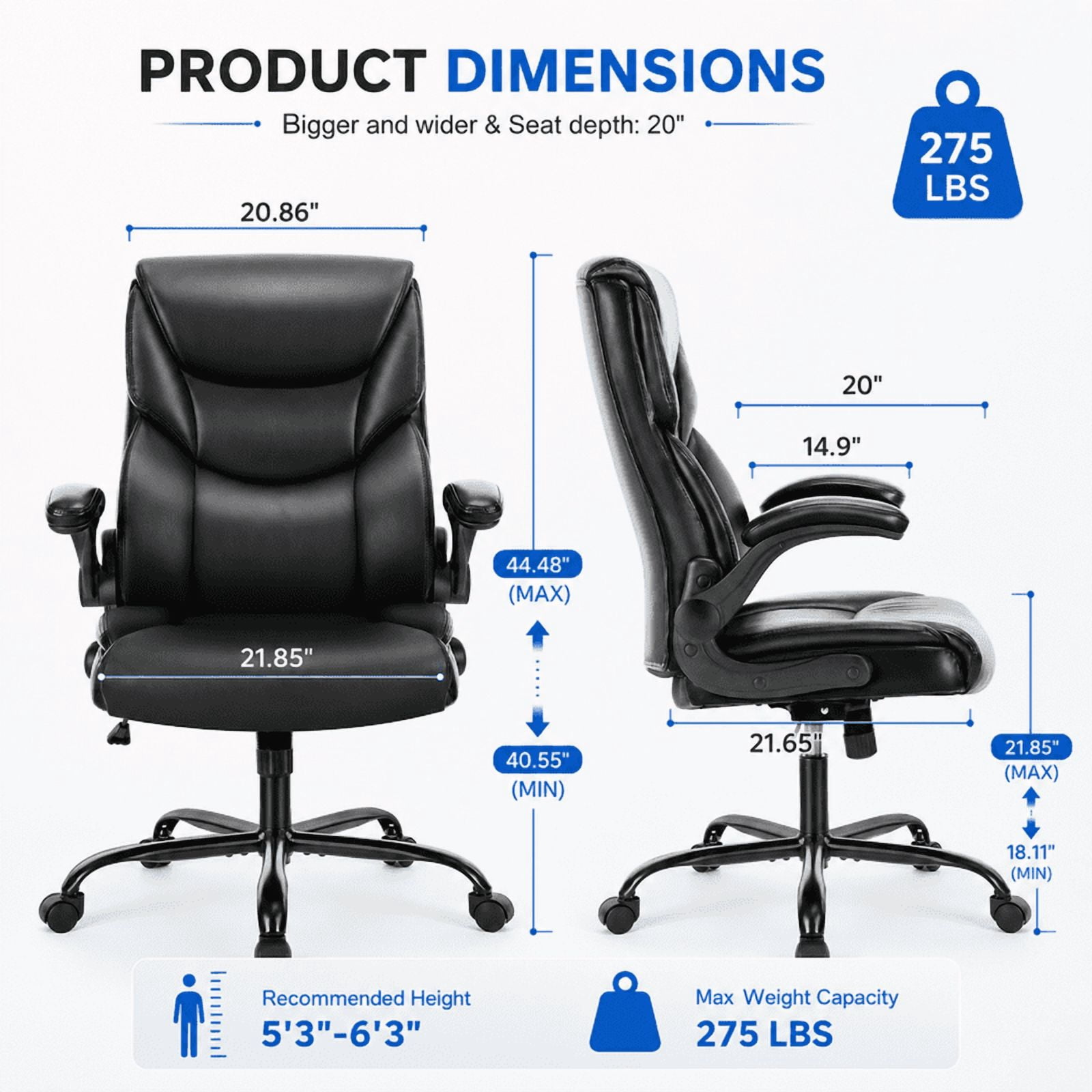 Ergonomic PU Leather Executive Office Chair, Adjustable Height Desk Chair with Lumbar Support, Wide Seat, 360° Swivel and Quiet Wheels, Black