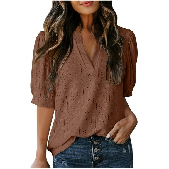 Plus Size Tops for Women New Womens Summer Business Casual Blouses V Neck Short Sleeve Shirts Hollow out Cute Lace Tops Brown XL