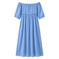 thumbnail image 5 of ClodeEU Women's Linen Blend Off The Shoulder 3/4 Sleeve Lace Patchwork Maxi Dress,Casual Beach Dress with Side Slit Blue,Women's Plus S, 5 of 7