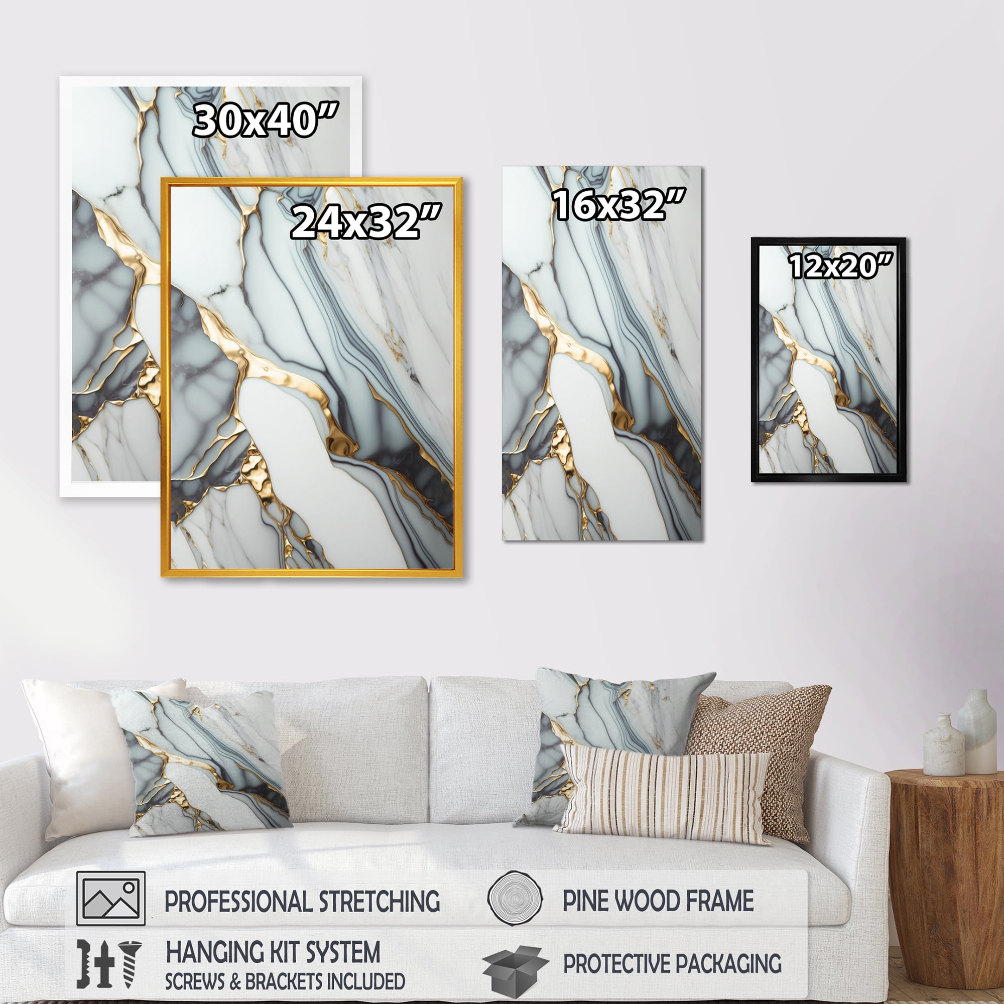 Designart Abstract Geode Gold And White Marble V Canvas Wall Art