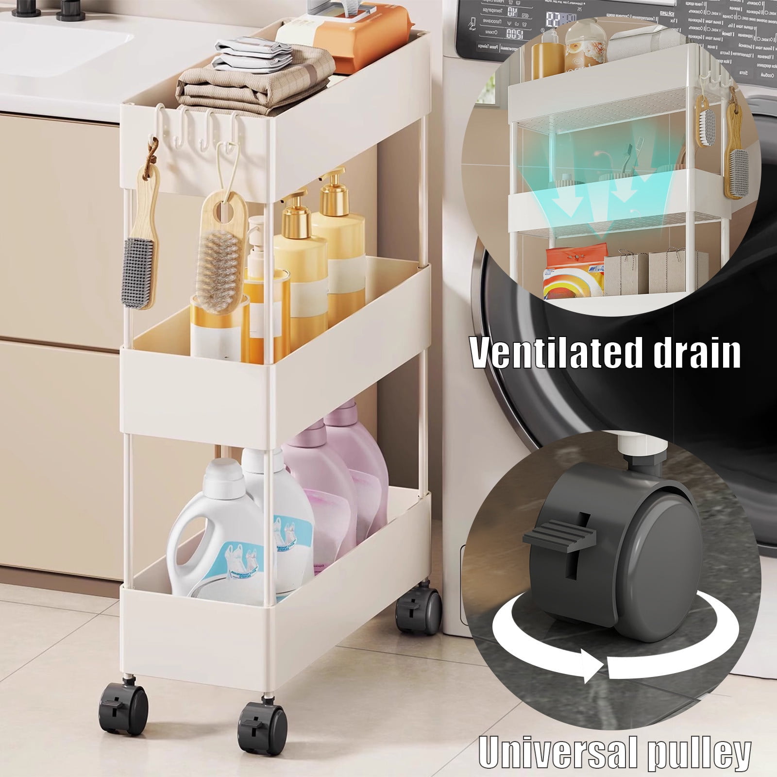 Narrow Storage Cart, Slim Rolling Organizer Rack on Wheels for Bathroom Laundry Room, Space Saving Trolley for Between Washer Toilet, Plastic Storage Shelf for Detergent Shampoo Towels Supplies