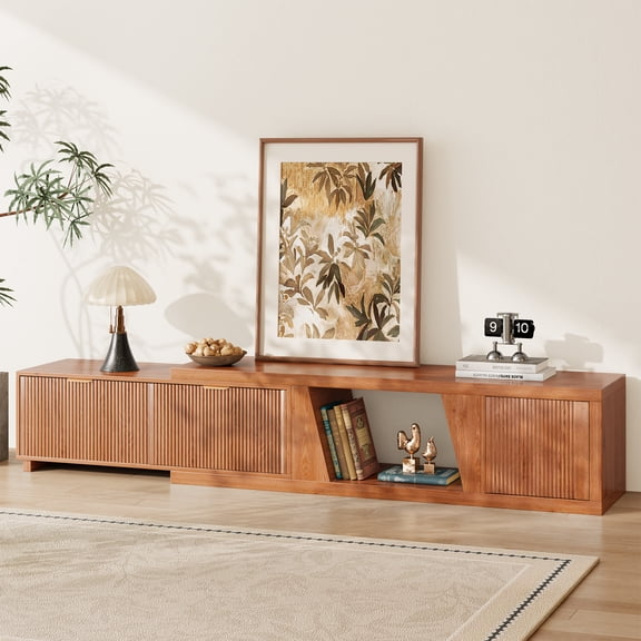 Extendable TV Stand with Storage Cabinet for Living Room, 98.5-Inch Extra Long TVs Media Console Wood Fluted Television Stands for Bedroom, Rustic Brown (63"W-98.5"W)
