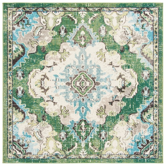 SAFAVIEH Madison Elinor Traditional Distressed Area Rug, Green/Light Blue, 3' x 3' Square
