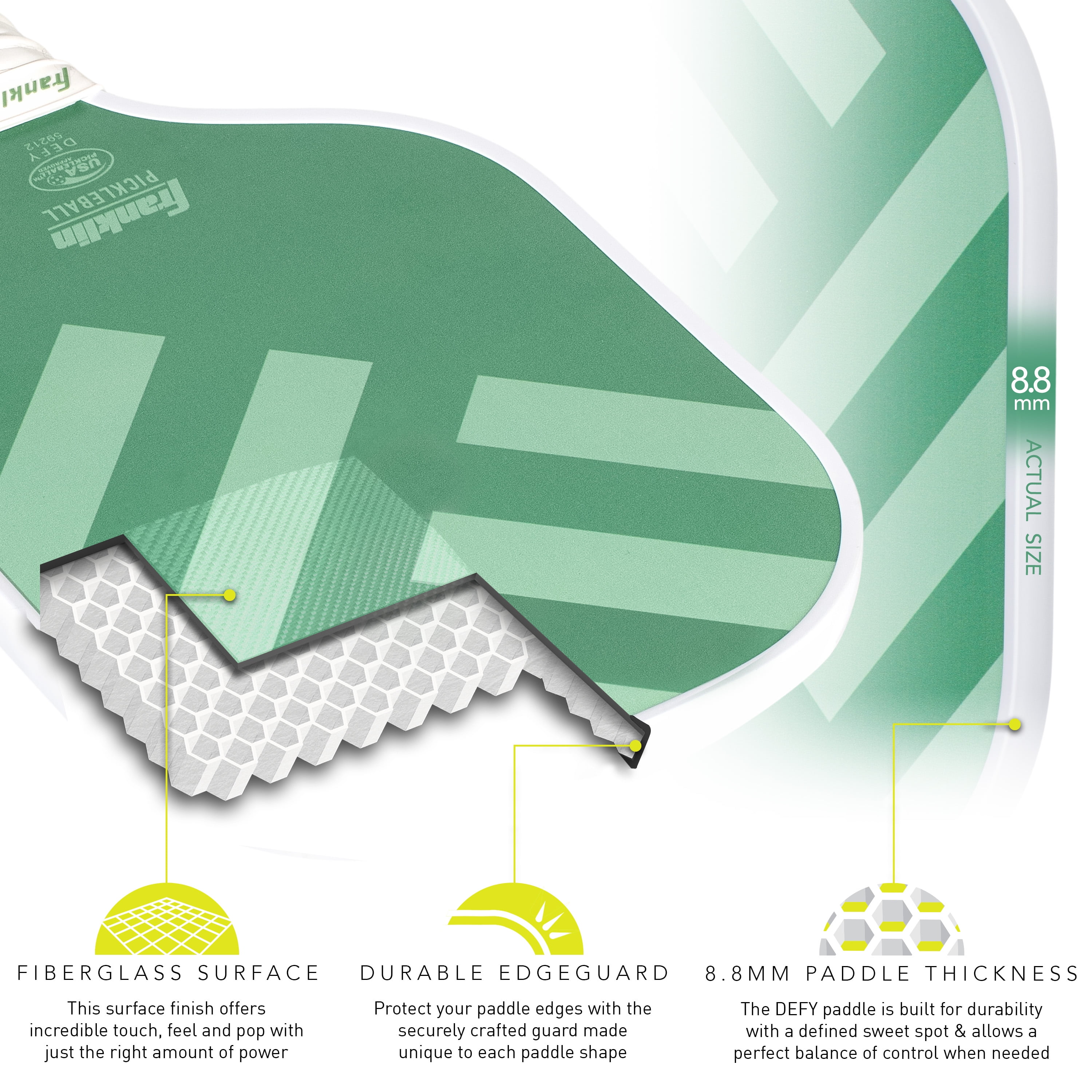 Franklin Sports Pickleball Paddle - 8.8mm Polypropylene Core - DEFY - Official USAP Approved - Green