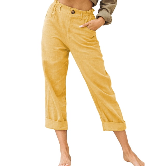 Avamo Ladies Palazzo Pant Solid Color Pants Cropped Bottoms Boho Trousers Beach Yellow M