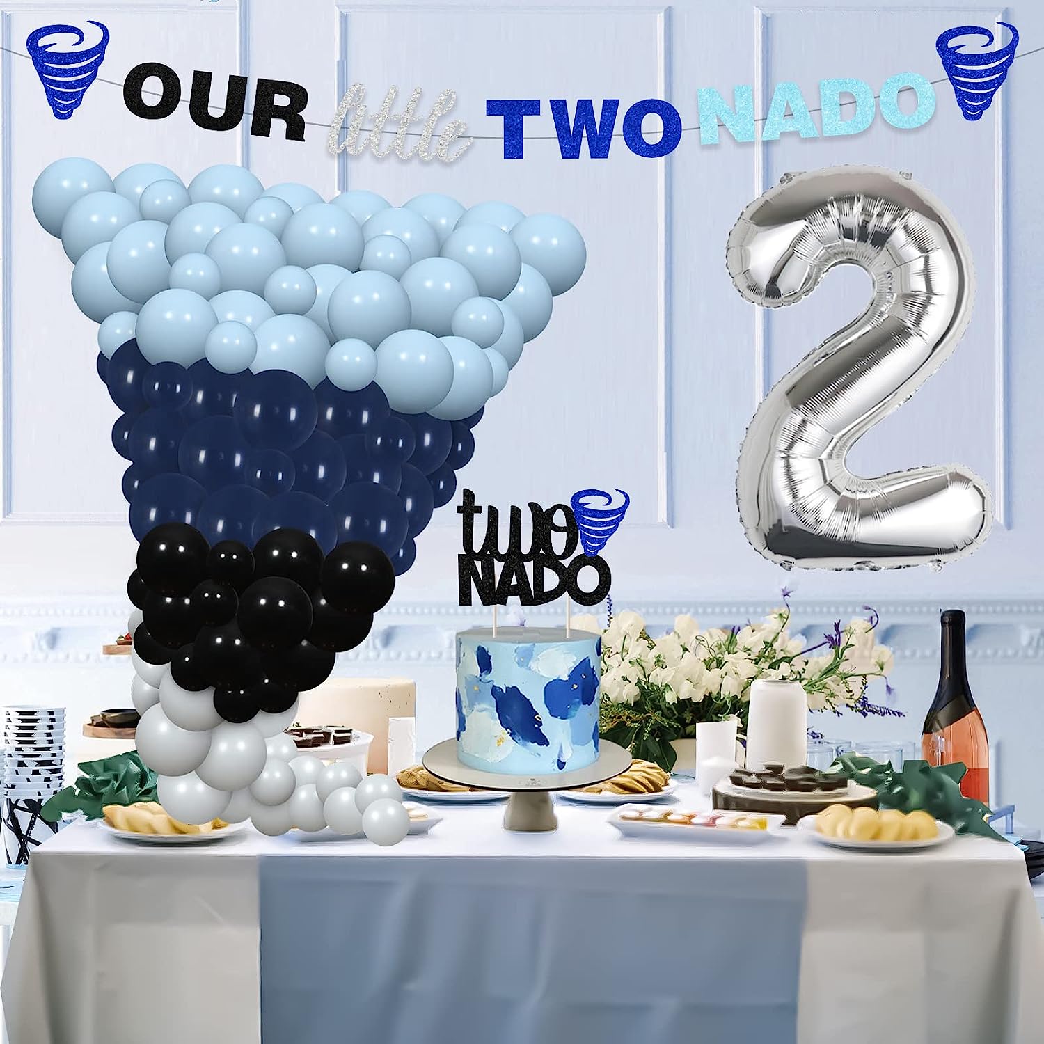 Twonado Tortenaufsatz Zum 2. Geburtstag – Blau & Schwarz Glitzernd, 15x16,3 Cm, Aus Karton & Holzstab