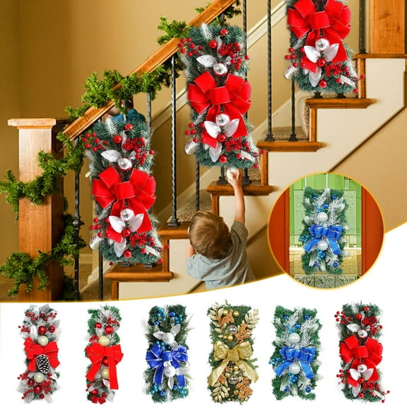 MXTPOV Christmas Wreaths for Front Door, Christmas Garland with LED Lights, Garland with Balls Bows Pine Cones Ornaments, Prelit Garland for Mantle Party, Home Decor