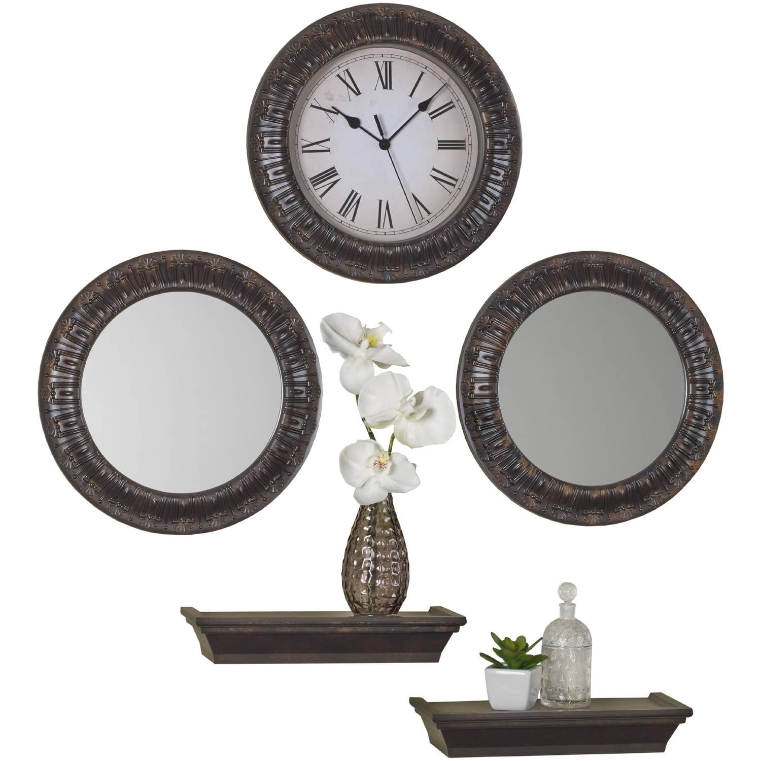 Elements 5 Piece Black Plastic Clock Mirror Shelf Set