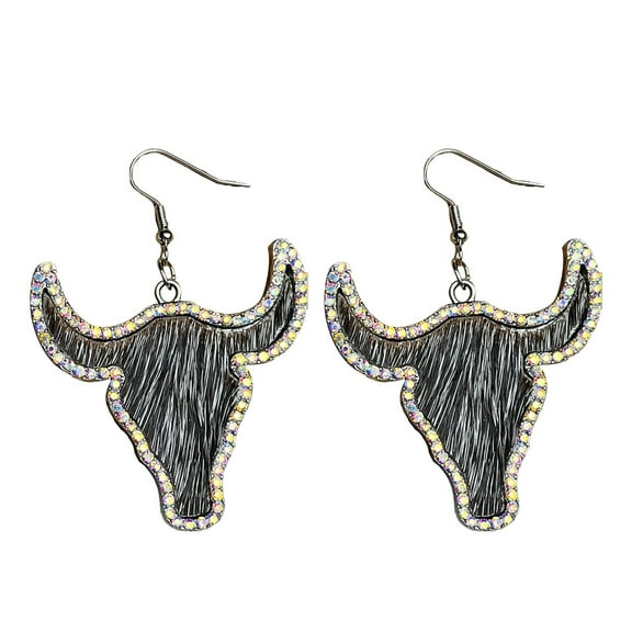 SUSHANG Fashionable Earrings Fashion Earrings National Retro Rhinestone Cow Head Leather Long Hair Quality Western Earrings