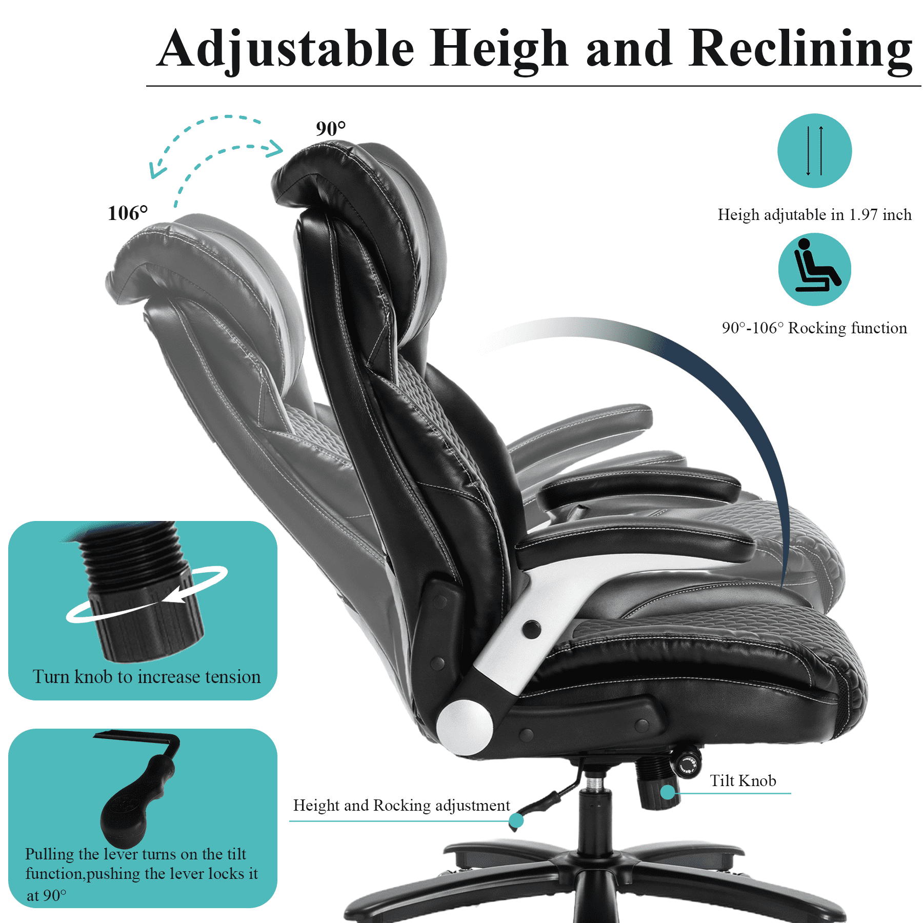 X Xishe Executive Office Chair Ergonomic Desk Chair with Padded Flip-up Arms 500LBS PU Leather Chair with Adjustable Lumbar Support Swivel Rolling Computer Chair for Big and Tall People,Black