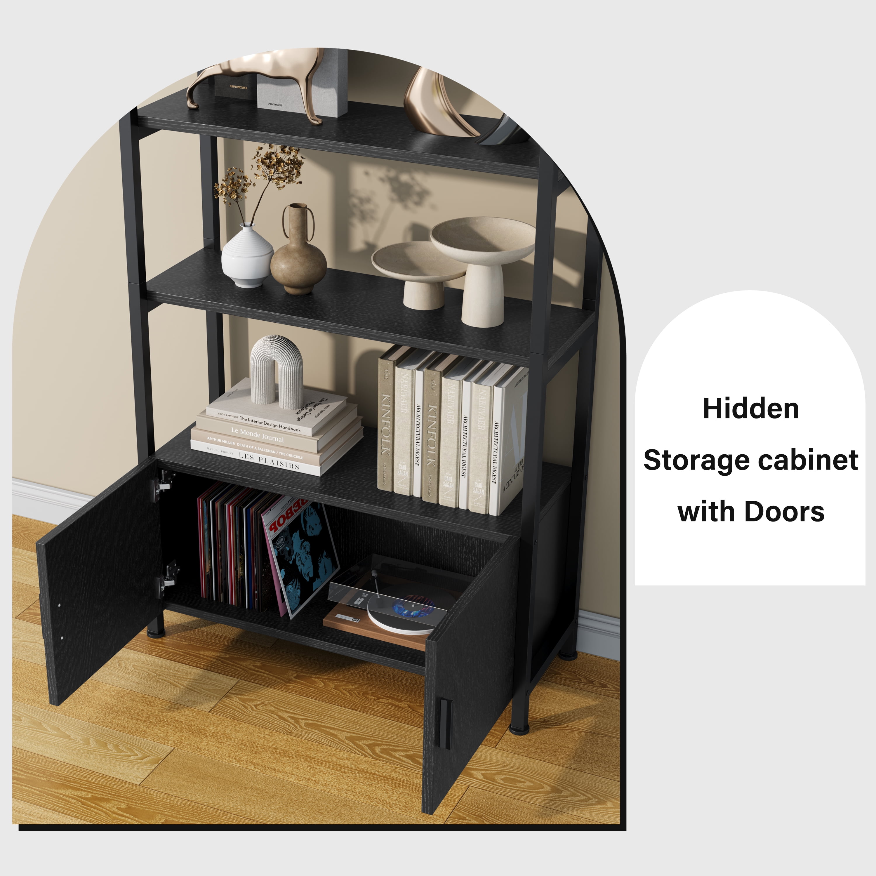 ModFurne Arched Bookcase with Doors,71" Tall Arched Bookshelf, 4-Shelf Open Display Bookshelf, Freestanding Storage Unit for Living Room/Office, Black