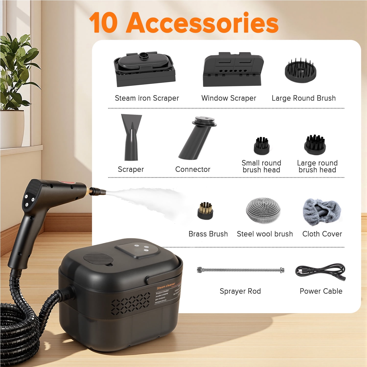 Yucurem 1500W Portable Handheld Steam Cleaner, 6-Level Adjustable 1.4L Tank with 10 Accessories for Home Furniture Car Carpet Tile