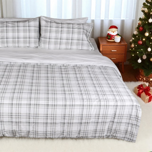 Gogreen 100% Cotton Christmas Duvet Cover Set - 2 Piece Soft Breathable Bedding Set, All Season Comforter Cover with Zipper Closure & Corner Buttons (Christmas Plaid, Twin Size)