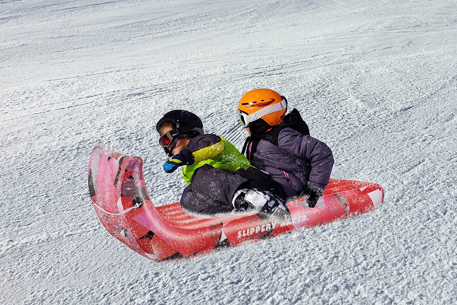 Slippery Racer Giant Inflatable Toboggan Snow Sled for Adults and Kids, Durable Heavy Duty, 2 Pack Red and Blue, 60"