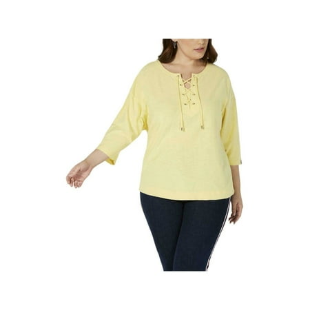 TOMMY HILFIGER Womens Yellow Long Sleeve Jewel Neck Top Plus Size: 3X