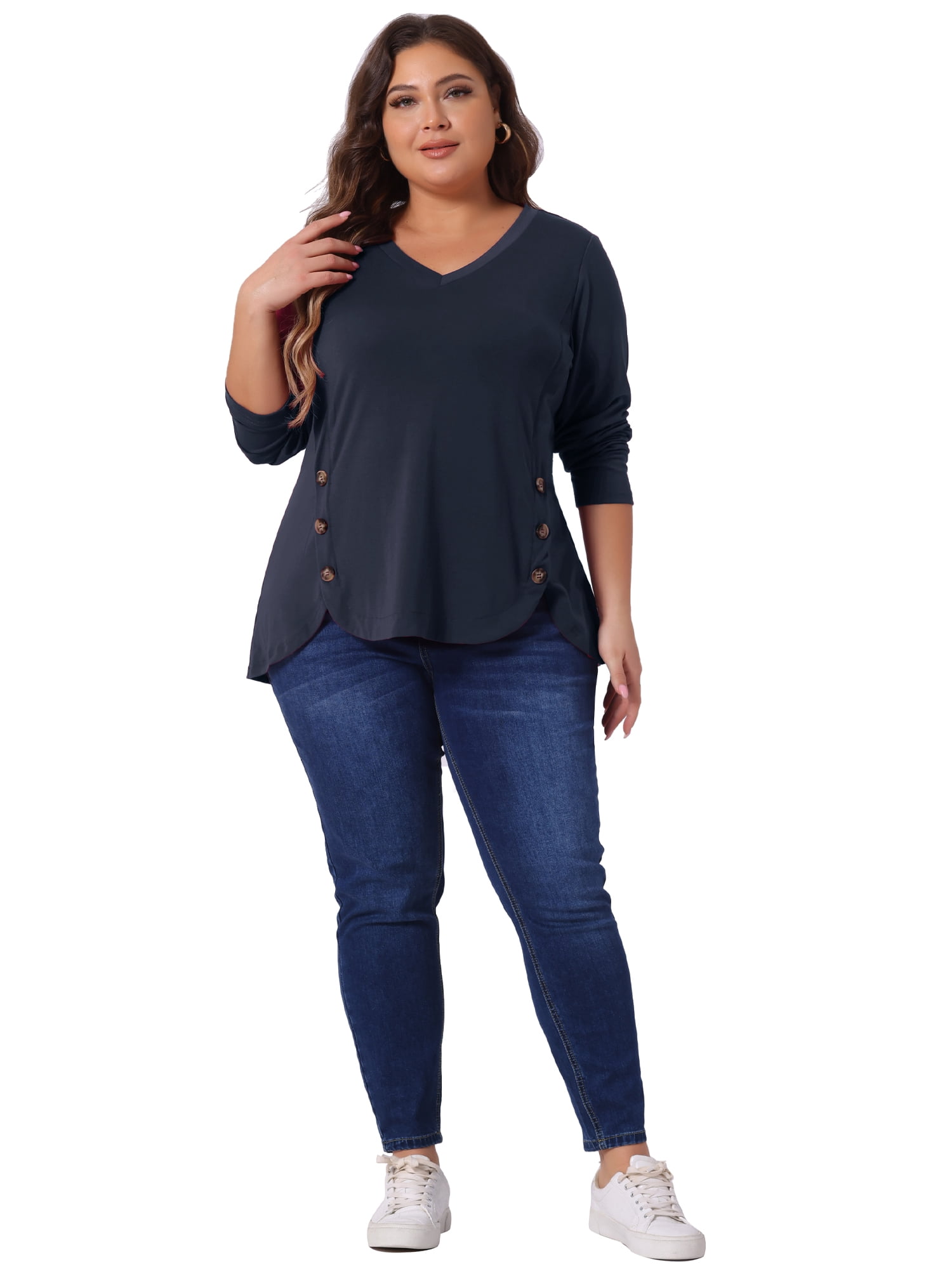 DARING DIVA Women's Plus Size Long Sleeve Button Side Swing Blouses 4X Navy Blue