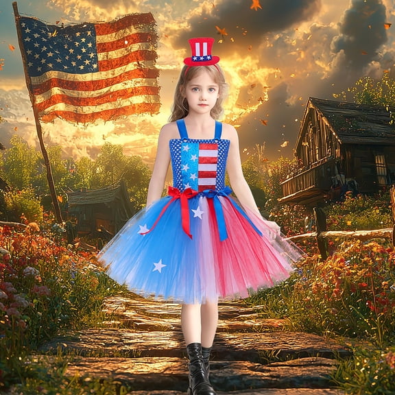 HAYIMI Toddler Patriotic Girls Tutu Dress For 4th Of July Celebration Childrens Party Performance With Star Spangled Banner Themed Layered Skirt Holiday Back To School Swing Flowy Kids Sundress