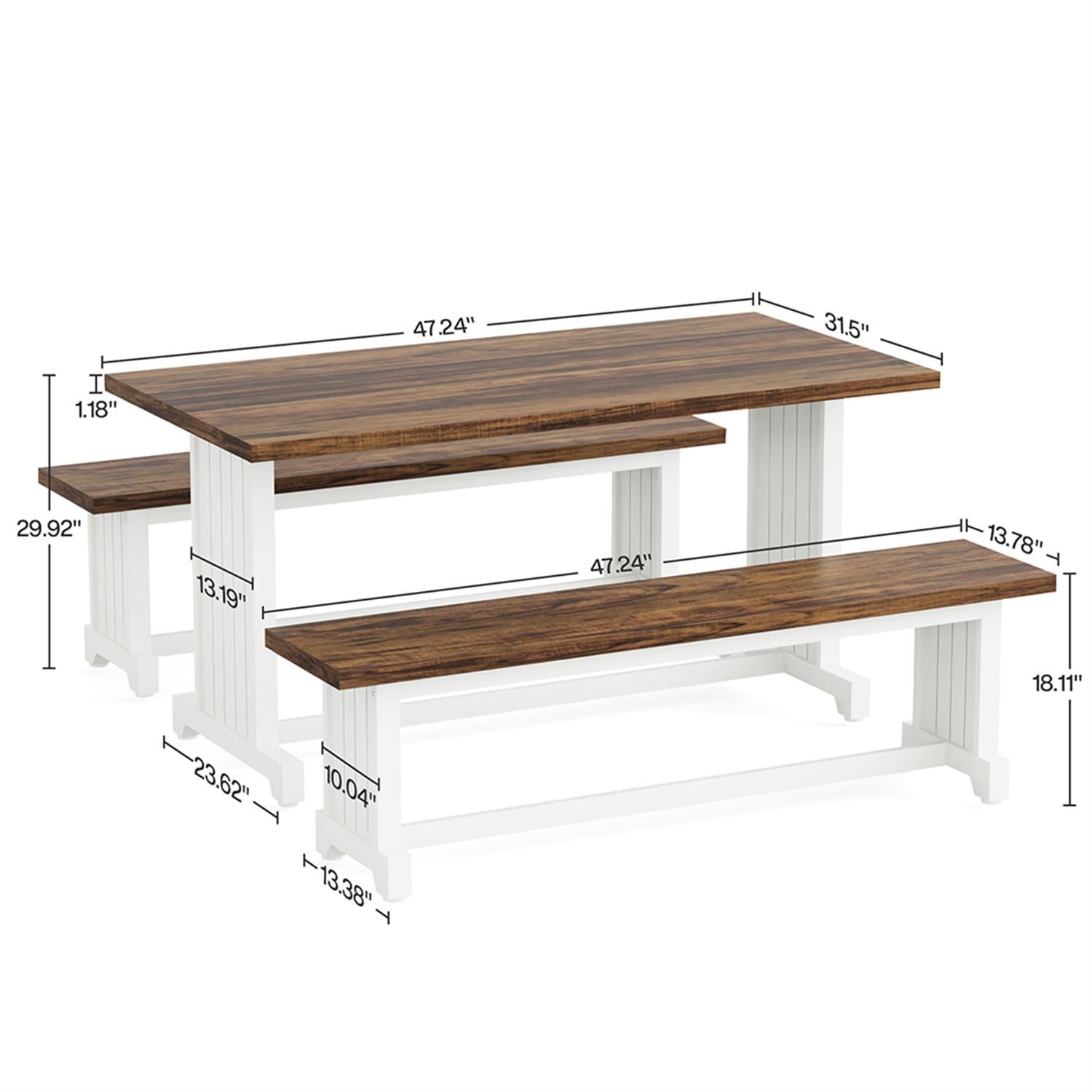 Demi Bonn 47" Farmhouse Dining Table Set with 2 Benches, Wood Kitchen Table,door Outdoor Table for Dining Room, Home Office, Living Room Furniture, Brown