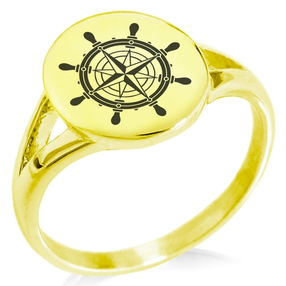Stainless Steel Nautical Ship Helm Wheel Compass Minimalist Oval Top Polished Statement Signet Ring