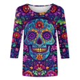 thumbnail image 5 of Women’s Day of the Dead T Shirt 3/4 Sleeve Crewneck Top Colorful Floral Skull Skeleton Print Trendy Casual Blouse for Festival and Themed Party Outfits, 5 of 5